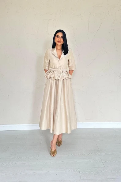 Bej İnce Kemerli Fırfırlı Ceket Ve Büzgülü Etek Takım - Resim 2