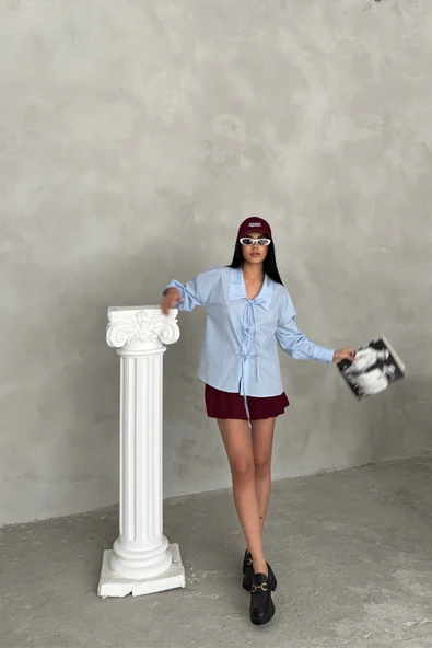 OKUL YAKA POPLİN GÖMLEK İP BAĞLAMA DETAYLI - Bebe Mavi