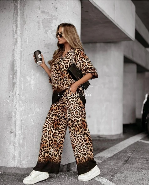 Kadın Dalgıç Kumaş Leopar Desenli Fermuar Detaylı Ikili Tamım - Resim 2