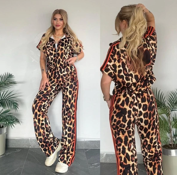 Kadın Dalgıç Kumaş Dijital Leopar Baskılı şerit Detaylı Takım ürün görseli 1