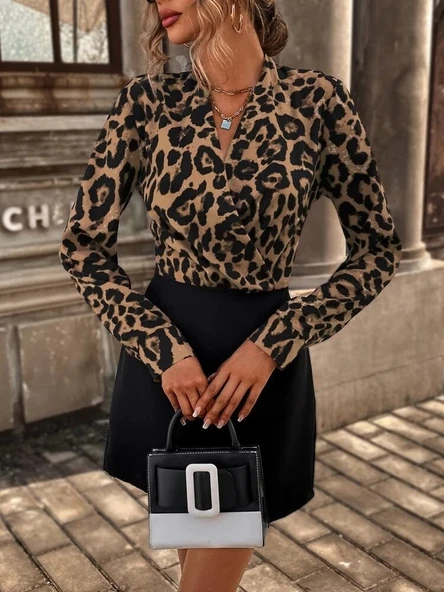 Kadın Uzun Kollu Kruvaze Yaka Krep Mini Boy Elbise - Resim 6