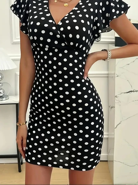 Kadın Kısa Kollu Kruvaze Yakalı örme Puantiyeli Krep Elbise - Resim 2