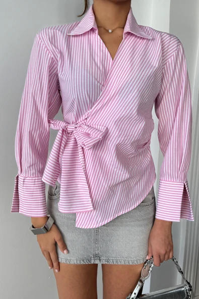 ÇİZGİLİ POPLİN KRUVAZE BAĞLAMALI GÖMLEK - Pembe - Resim 2