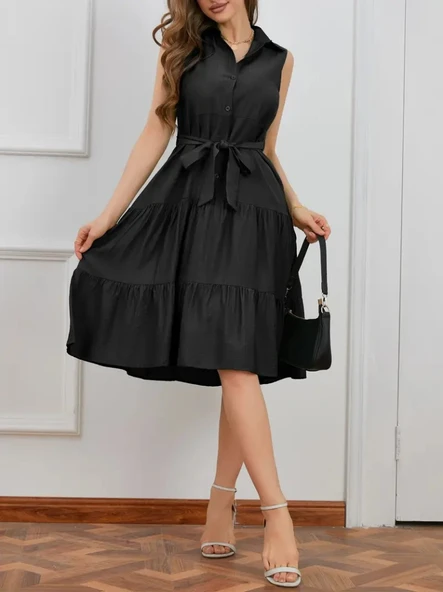 Kadın Kısa Kollu Gömlek Yaka Düğmeli Beli Kuşaklı Katlı Dokuma Midi Elbise - 5