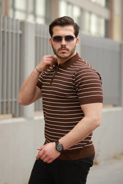 Erkek Fermuar Yakalı çizgili Kısa Kollu T-shirt - Resim 2