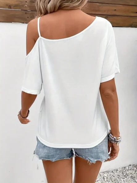 Kadın Tek Omuzu Açık Ip Askılı Baskılı Viskon Bluz - Resim 4