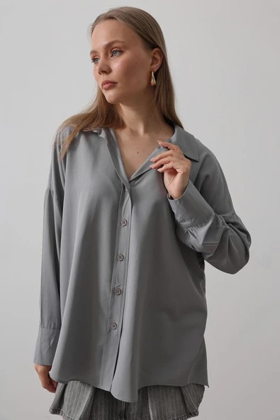 Geniş Manşet Detaylı Gömlek - Gri - Resim 4