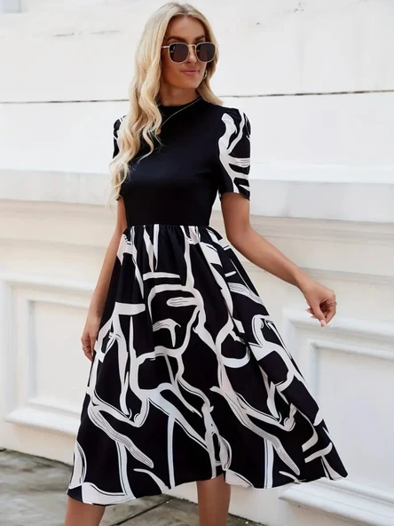 Kadın Kısa Kollu Yarı Balıkçı Yaka üst Viskon Alt Desenli Dokuma Midi Elbise - Resim 8