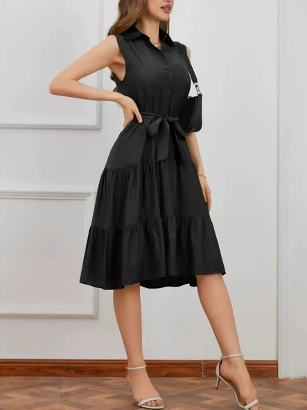 Kadın Kısa Kollu Gömlek Yaka Düğmeli Beli Kuşaklı Katlı Dokuma Midi Elbise - 4