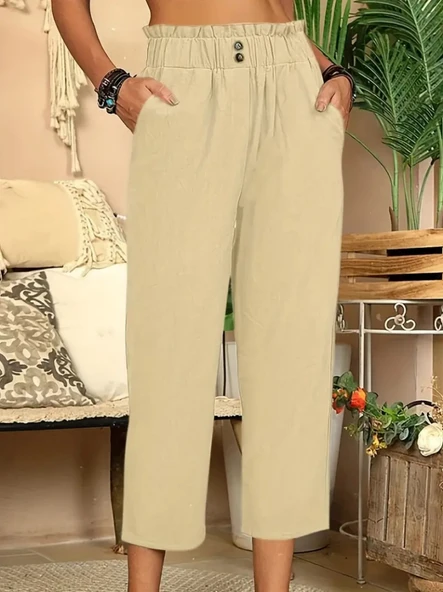 Kadın Bel Büzgü Ve Düğme Detay Kapri Keten Pantolon - Resim 2