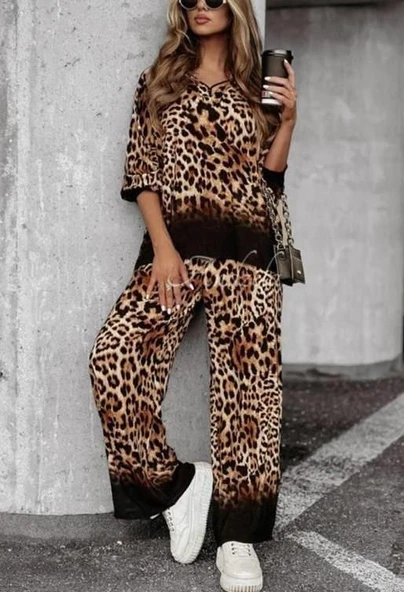 Kadın Dalgıç Kumaş Leopar Desenli Fermuar Detaylı Ikili Tamım ürün görseli