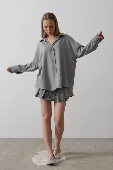 Geniş Manşet Detaylı Gömlek - Gri - Resim 2