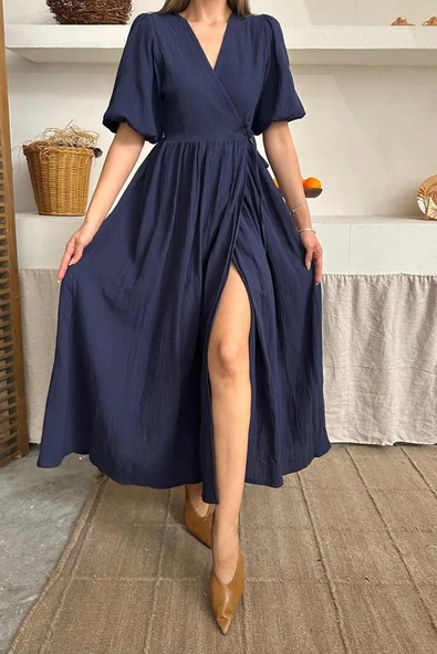 Lacivert Müslin Uzun Elbise - Resim 4