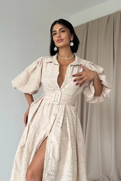 Bej Pileli Balkon Elbise - Resim 3