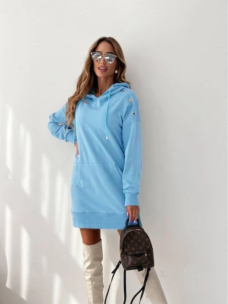 Kadın Kanguru Cep Kapüşonlu Iki Iplik Tunik Elbise ürün görseli 1