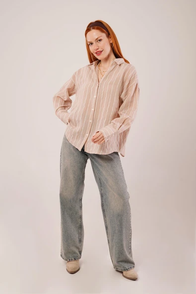 Kol Düğmeli Çizgili Bej Gömlek - Resim 2