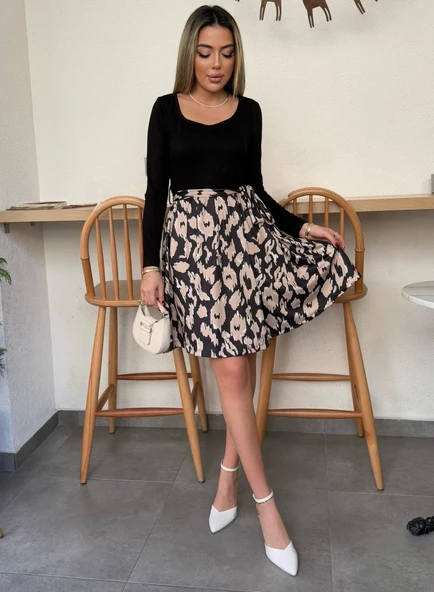 Kadın Uzun Kollu Kare Yaka Viskon Bluz Alt Süprem Baskılı Belden Kuşaklı Kısa Elbise - Resim 3