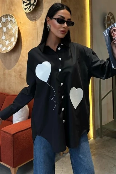Kalp Nakışlı Ve Düğme Detaylı Oversize Gömlek 3430 - Resim 7