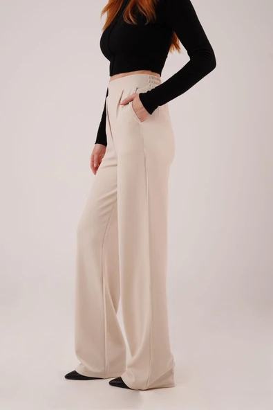 Yüksek Bel Bol Paça Krep Krem Pantolon - Resim 4