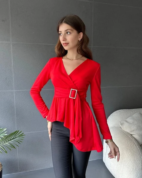 Kadın Kruvaze Yaka Kemer Detay Asimetrik Kesim Bluz - Resim 2