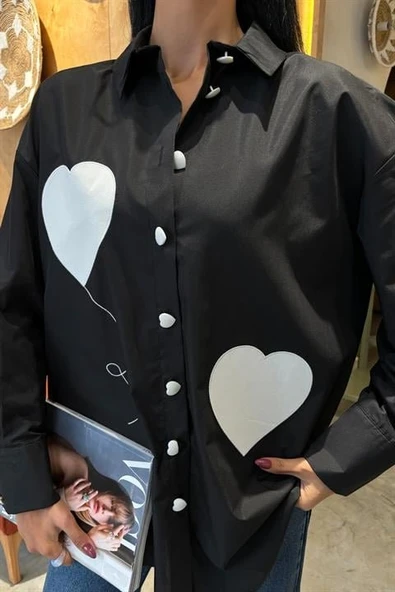 Kalp Nakışlı Ve Düğme Detaylı Oversize Gömlek 3430 - Resim 6