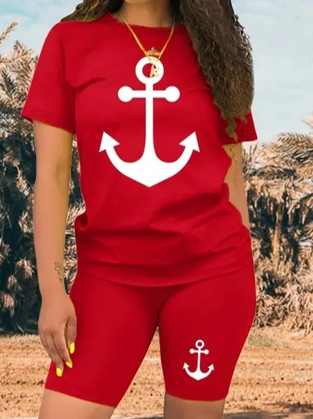 Kadın Kısa Kollu çapa Baskılı Viskon Ikili Takım - Resim 2