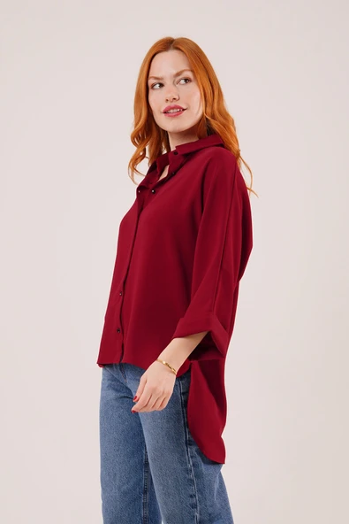 Yarasa Kol Rahat Kalıp Bordo Gömlek - Resim 2