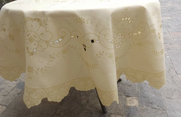 Mandaş Dertsiz Kesme Simli Yuvarlak Masa Örtüsü (160Q)-Gold - 2