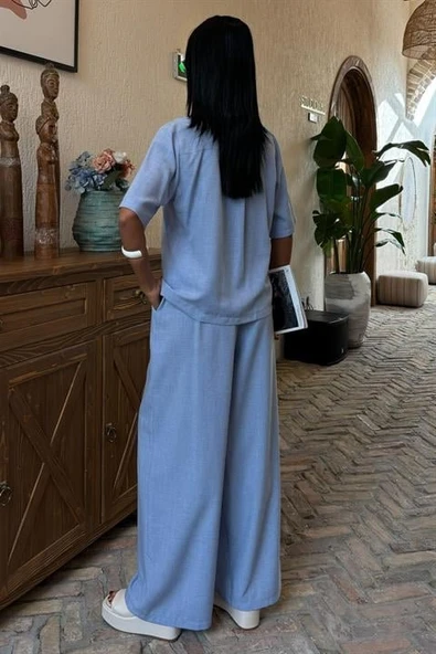 Hakim Yaka Çapraz Düğmeli Plazzo Pantolon Viscon Keten Takım 10091 - Resim 5