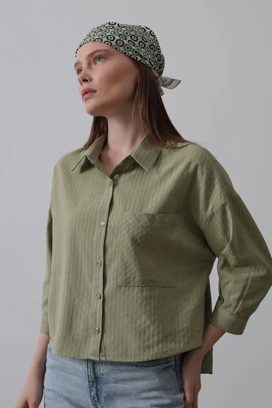 Cepli Kısa Kesim Gömlek - Haki - Resim 2