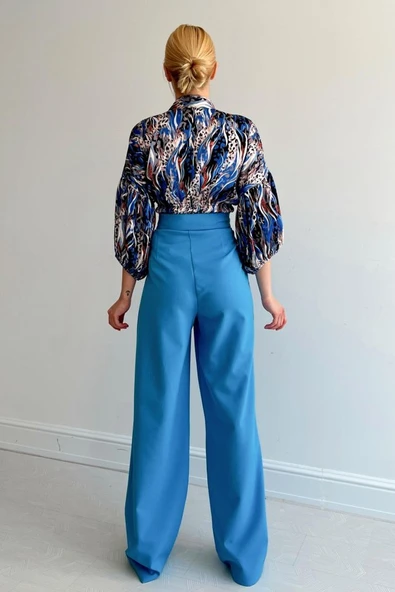 Beli Lastikli Saten Gömlek - Mavi - Resim 4