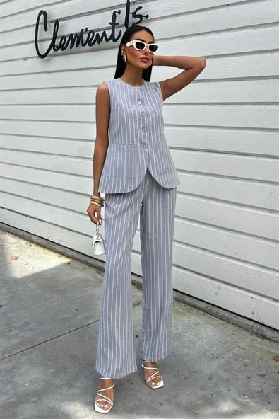 Çizgili Viscon Keten Yelekli Rahat Takım 10121 - Resim 5