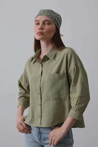 Cepli Kısa Kesim Gömlek - Haki - Resim 3