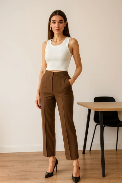 Poly Viscose Yüksek Bel Pervazli Pantolon - Resim 3