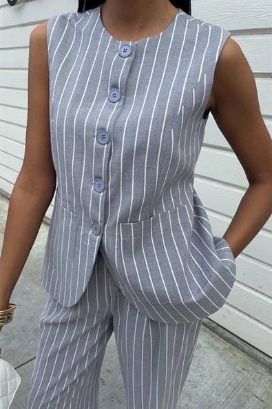 Çizgili Viscon Keten Yelekli Rahat Takım 10121 - Resim 3