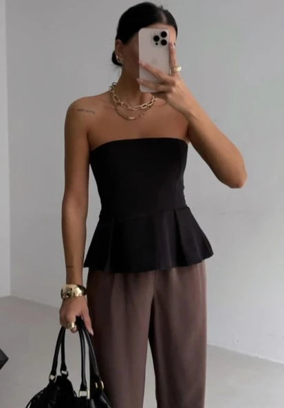 Pileli Straplez Bluz ürün görseli 1