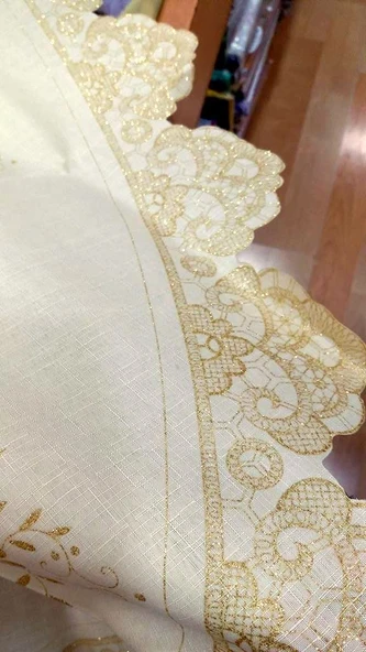 Mandaş Dertsiz Kesme Simli Yuvarlak Masa Örtüsü (160Q)-Gold - 4