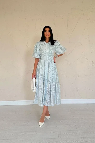 Mint Kemerli Balon Kollu Elbise - Resim 2