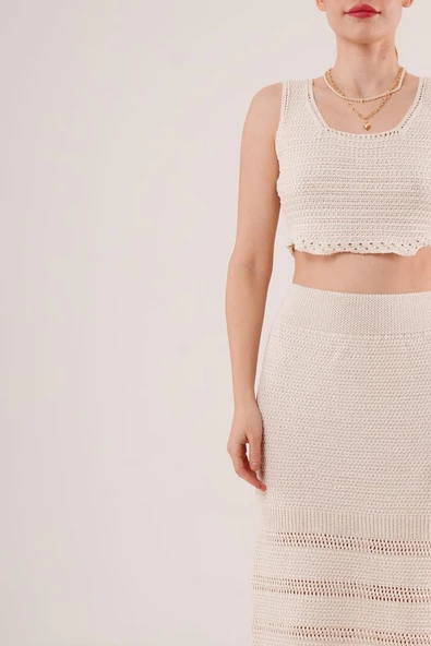 Örme Detaylı Etek Ve Bluz Krem Takım - Resim 4