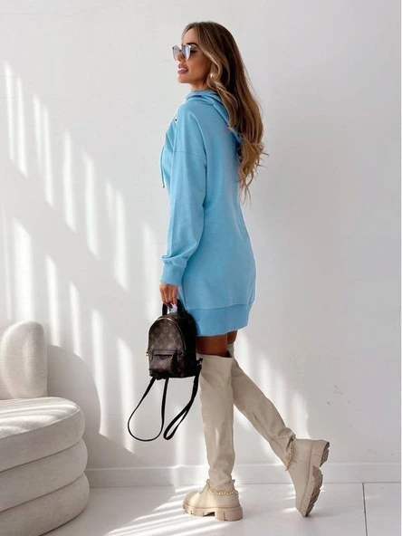 Kadın Kanguru Cep Kapüşonlu Iki Iplik Tunik Elbise - Resim 2