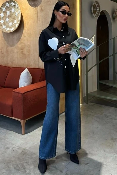 Kalp Nakışlı Ve Düğme Detaylı Oversize Gömlek 3430 - Resim 5