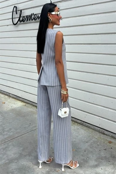 Çizgili Viscon Keten Yelekli Rahat Takım 10121 - Resim 4