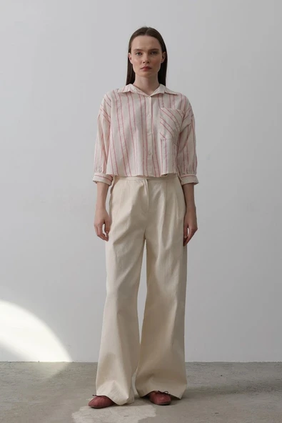 Çift Pileli Palazzo Pantolon - Natür - Resim 2