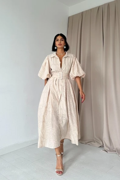 Bej Pileli Balkon Elbise ürün görseli 1