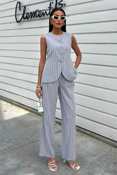 Çizgili Viscon Keten Yelekli Rahat Takım 10121 ürün görseli 1