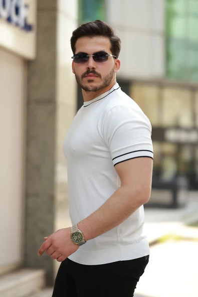 Erkek Bisiklet Yaka Ribanalı Kısa Kollu Tshirt - Resim 2