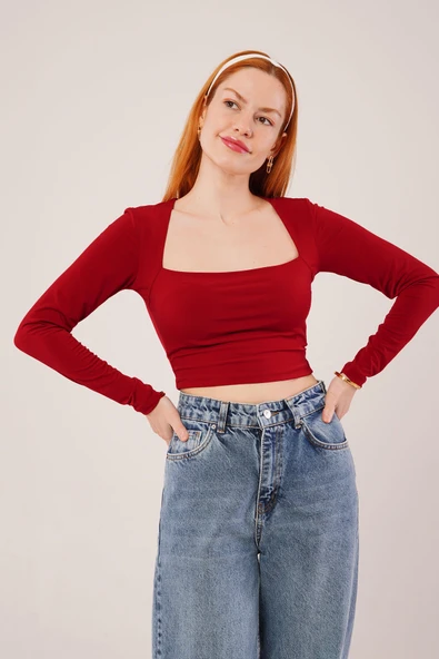 Kare Yaka Basic Bordo Bluz ürün görseli 1