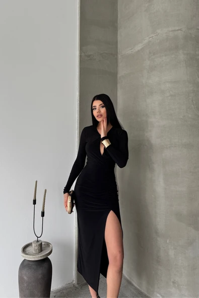 SANDY ELBİSE BÜZGÜ DETAYLI - Siyah - Resim 4