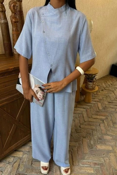 Hakim Yaka Çapraz Düğmeli Plazzo Pantolon Viscon Keten Takım 10091 - Resim 6