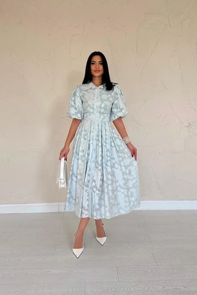 Mint Kemerli Balon Kollu Elbise ürün görseli 1